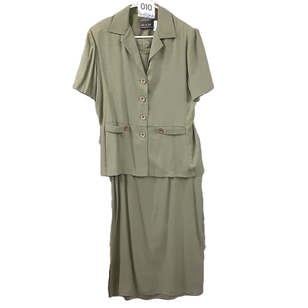 MHM Melissa Harper 2 Piece Dress Size 12 Sleeveless w/Jacket Zip Closure, Green